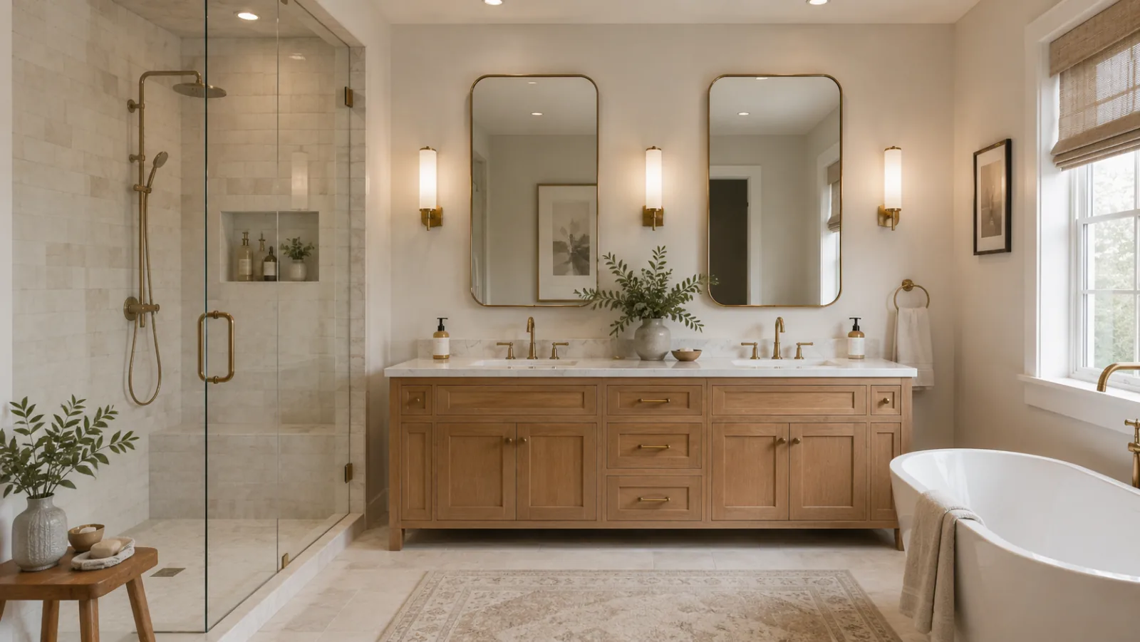 Remodeled bathroom with a double oak vanity and walk-in shower
