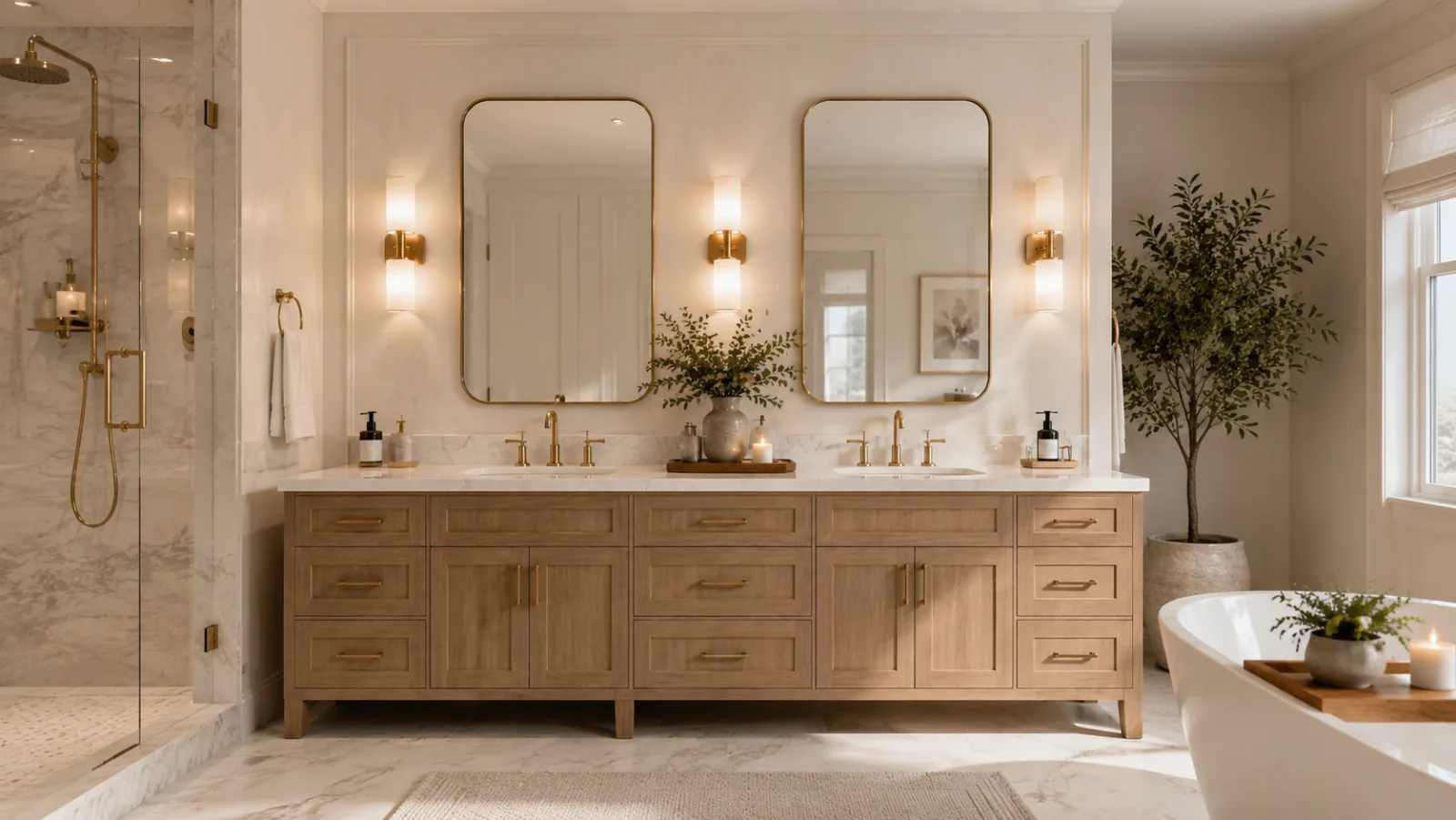 Remodeled bathroom with a double oak vanity, brass fittings and a freestanding tub