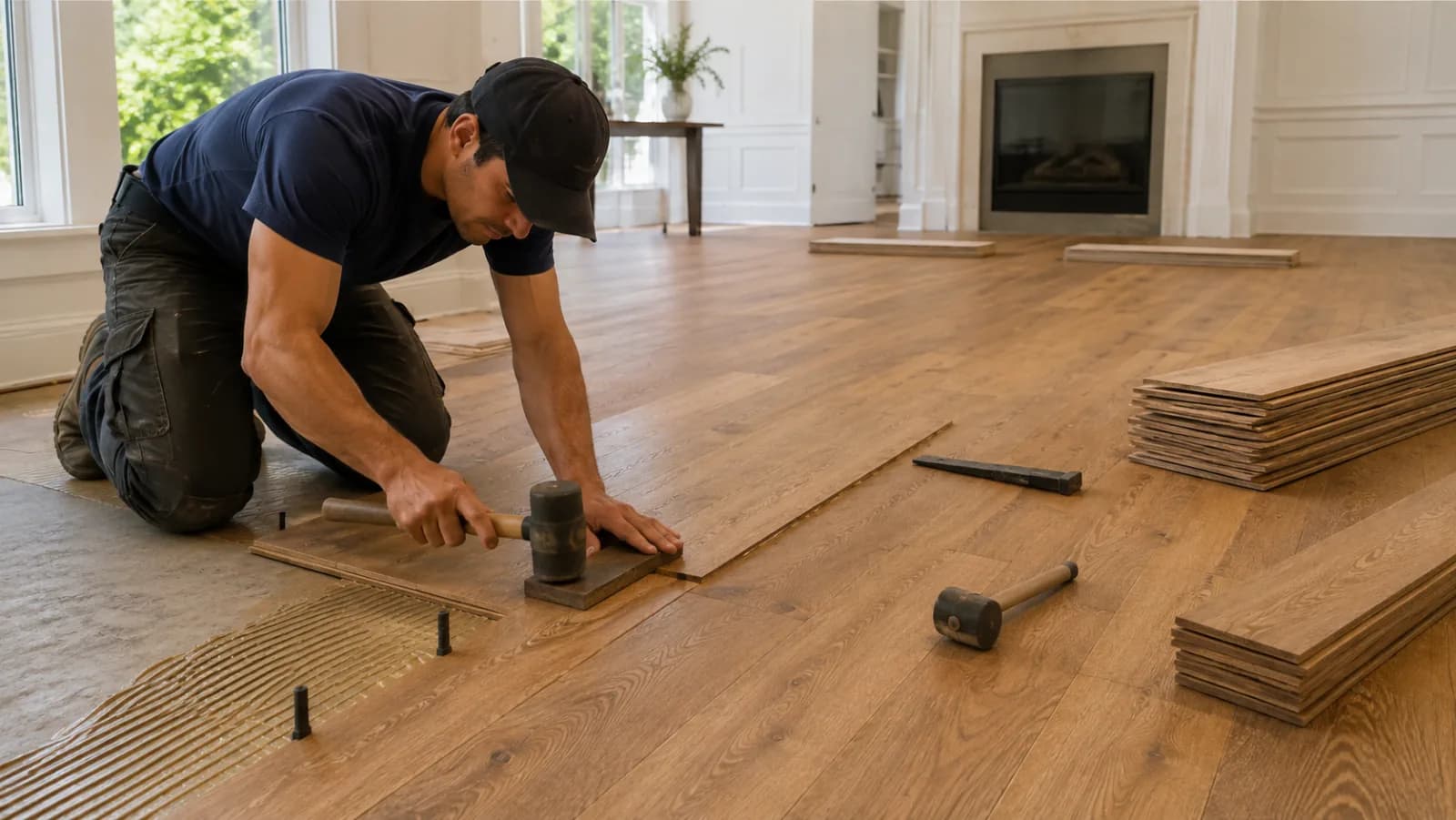 Installer fitting engineered hardwood planks with a tapping block