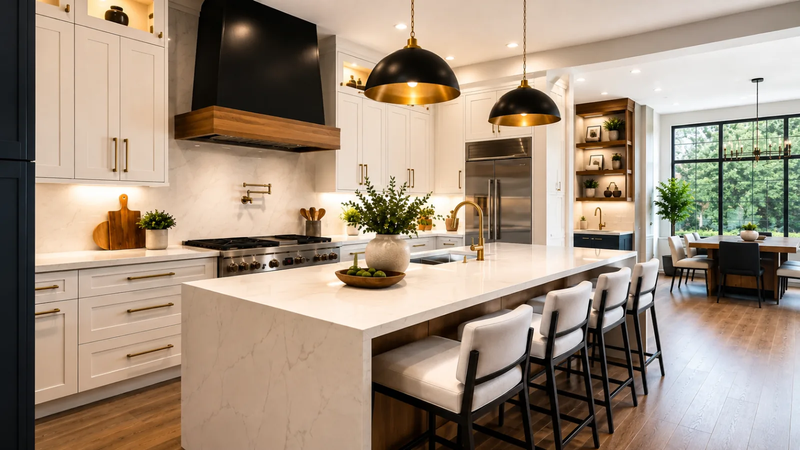 Kitchen island seating with a black range hood and brass fittings
