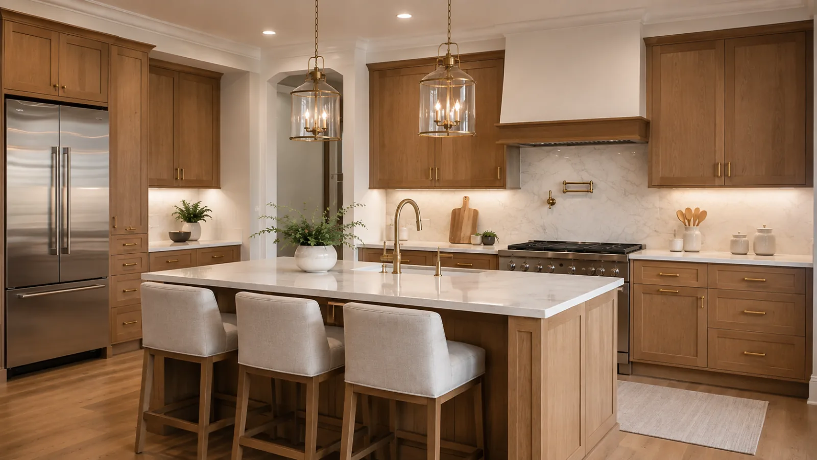 Remodeled kitchen with oak cabinetry and a quartz island