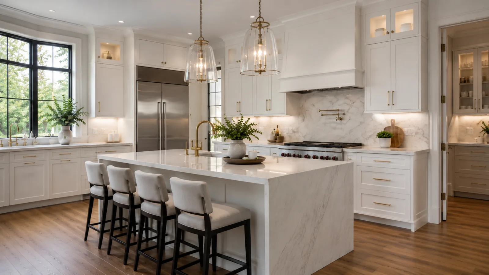 Remodeled kitchen with white cabinetry and a marble waterfall island