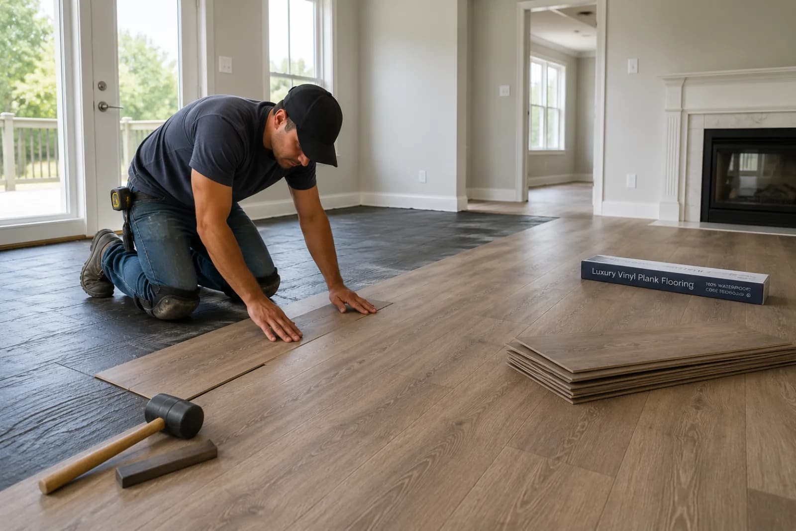 Installer laying waterproof luxury vinyl plank flooring