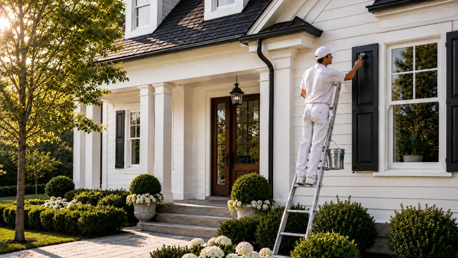 Painter cutting in exterior shutters from a ladder