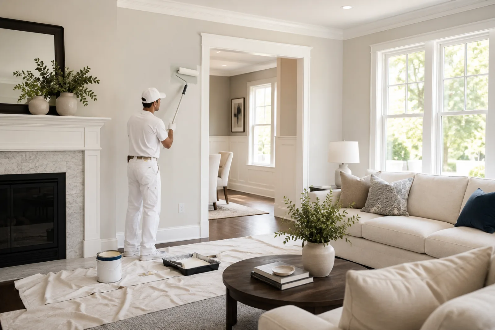 Painter rolling a finish coat in a furnished living room