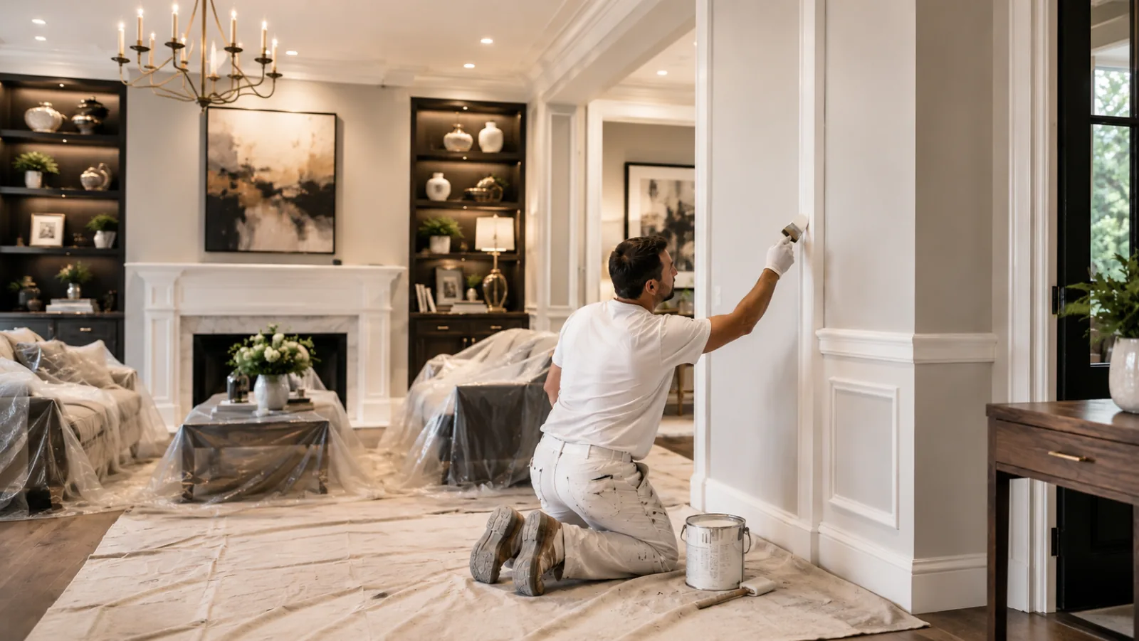 Painter cutting in a wall in a furnished living room