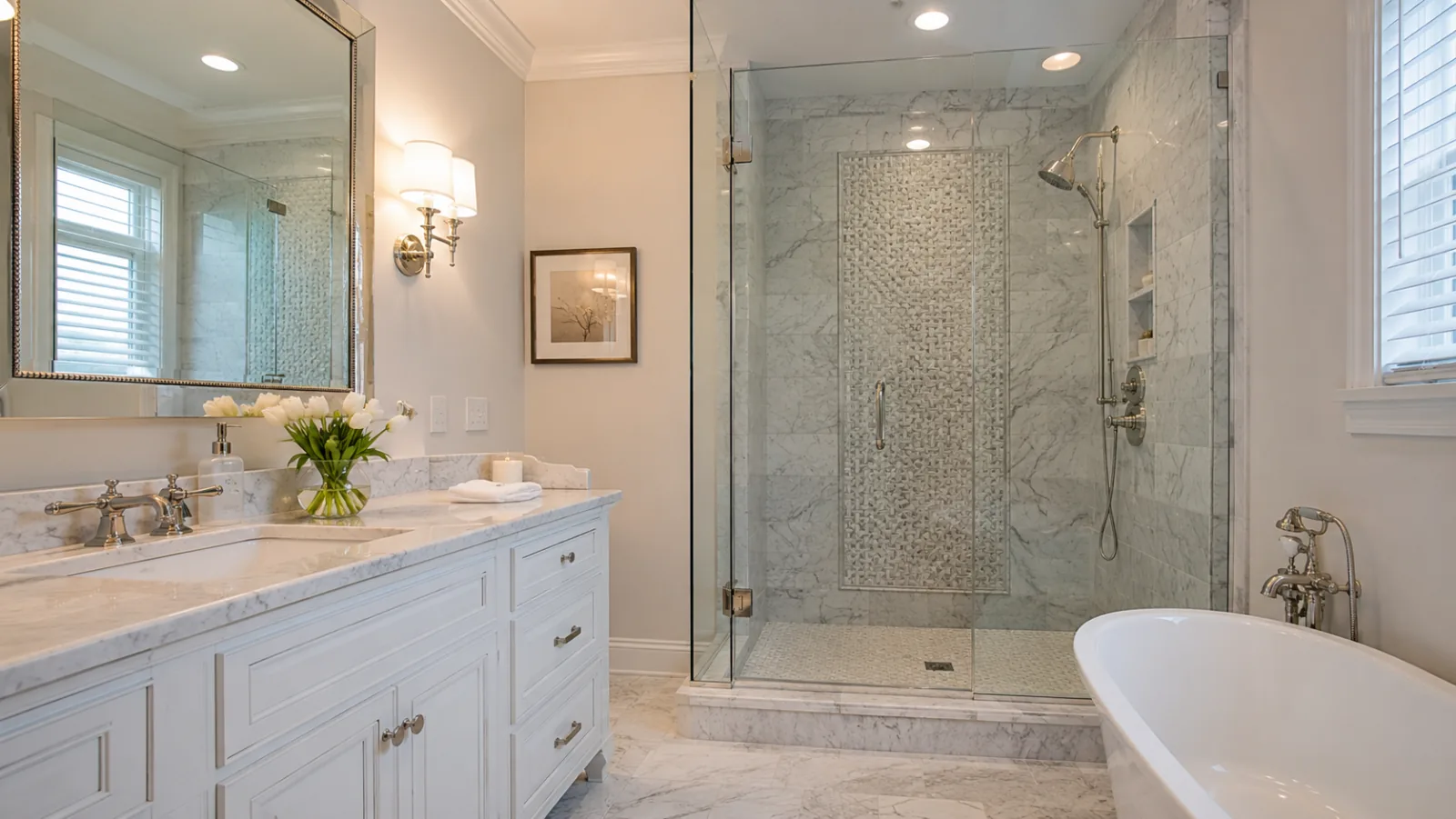 Marble and mosaic tile in a finished bathroom